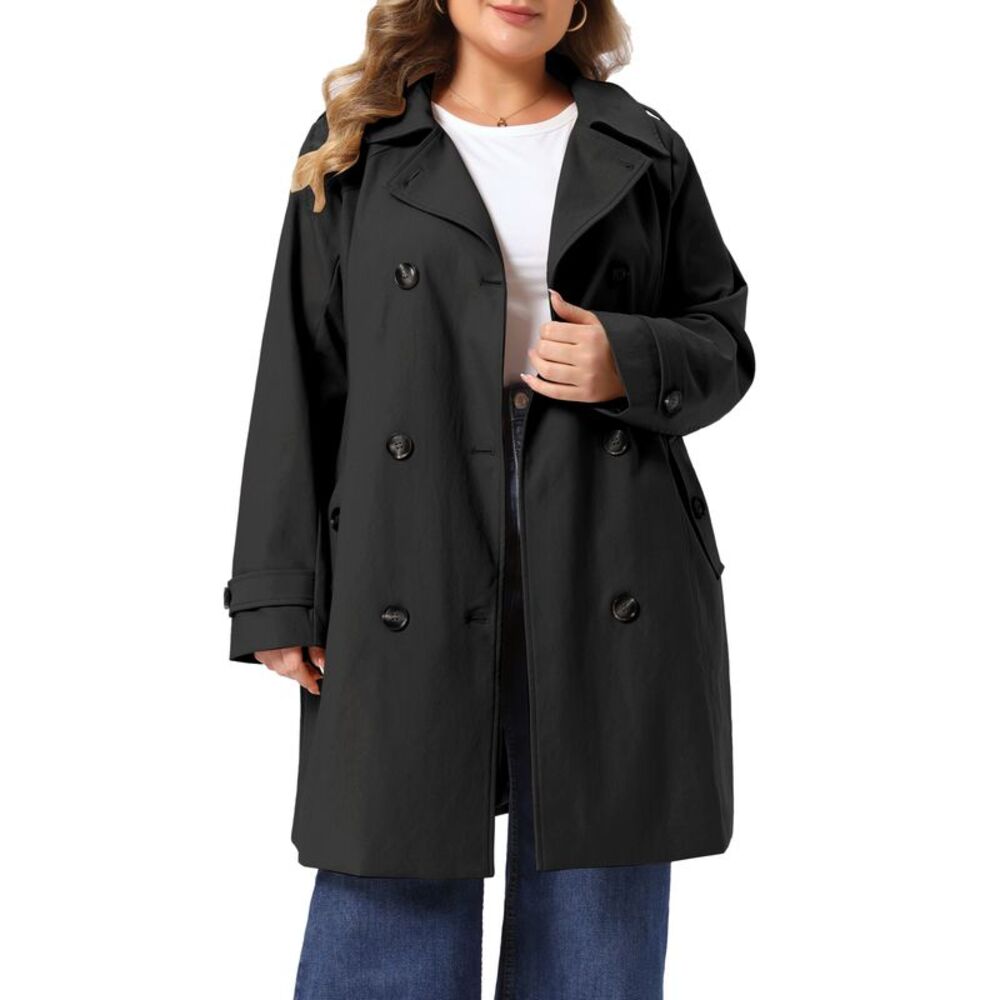 Women Plus Size Notch Lapel Double Breasted Trench Coats Black